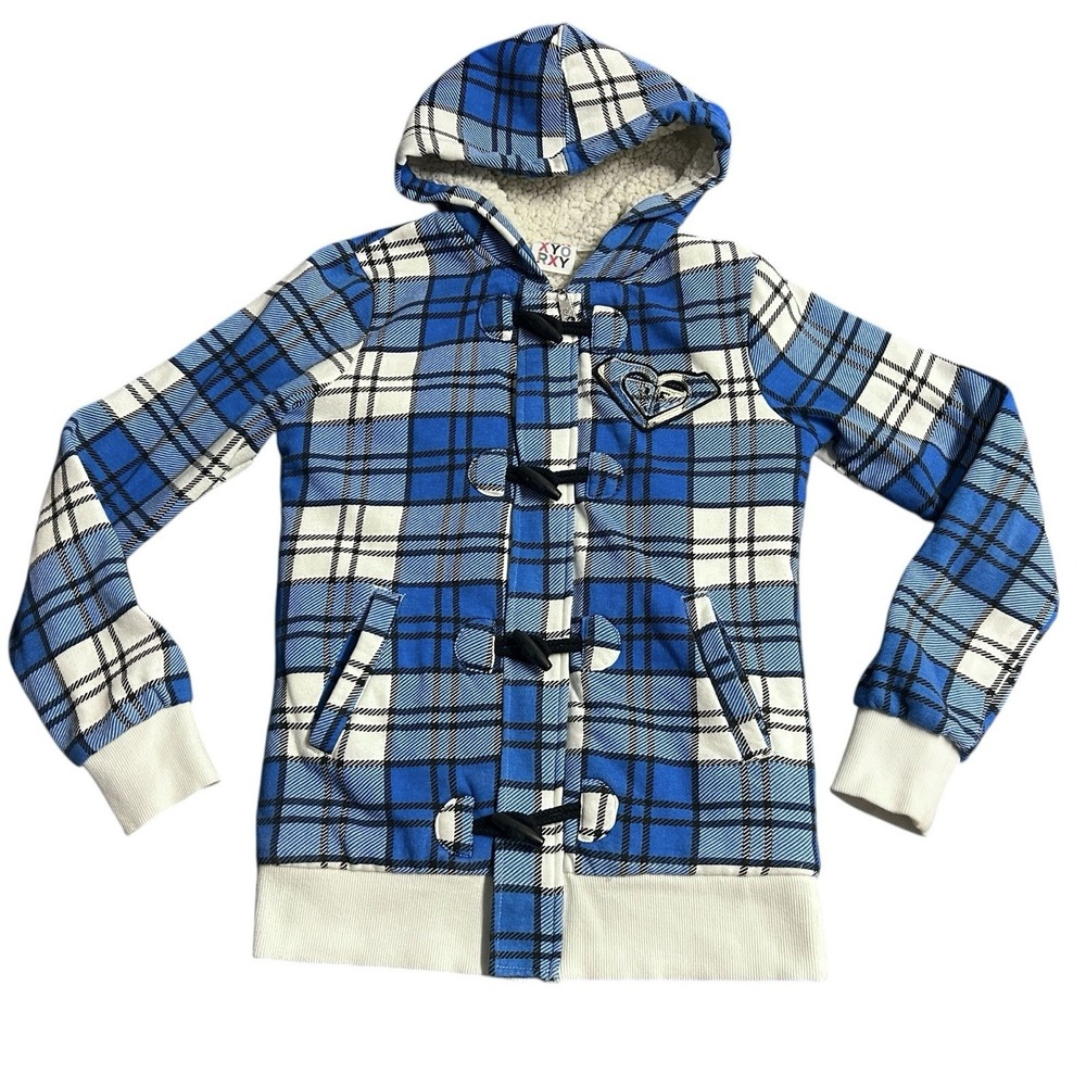 Roxy Gingham Blue White Plaid Sherpa Hooded Jacket Medium‎ Toggles Y2K Logo Zip